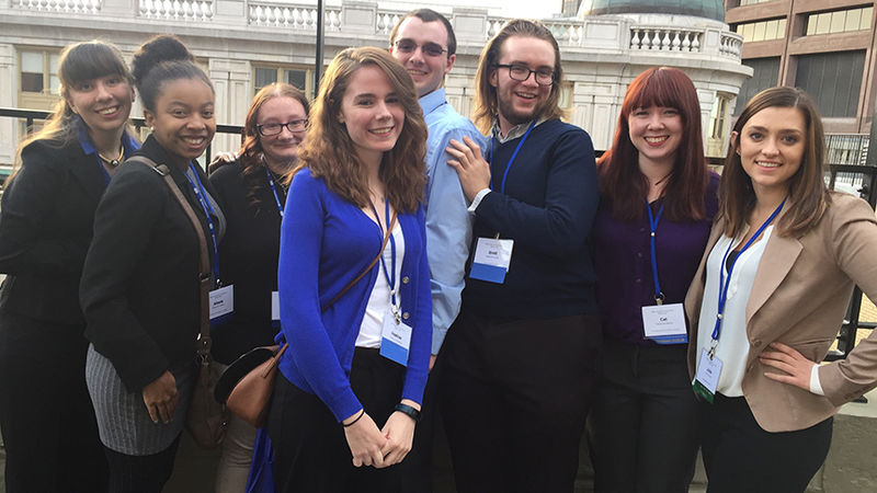 Several Penn State Schuylkill students pose in Boston, MA at the Eastern Communication Association’s James C. McCroskey and Virginia P. Richmond Undergraduate Scholars Conference (ECA-USC).