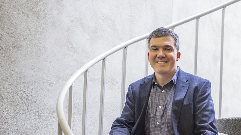 Jason Rekulak on stairs in his office building