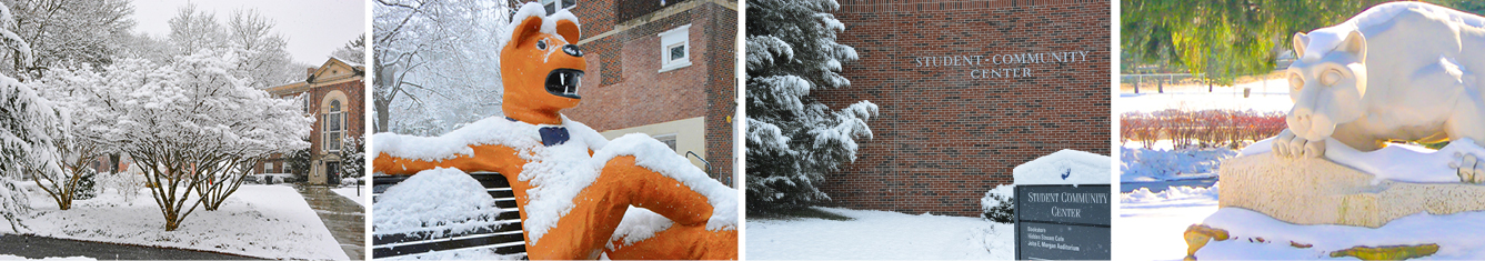 Schuylkill's Administration Building covered in snow with a snowy tree in the forefront; Nittany Lion sculpture on bench covered in snow; Student Community Center covered in snow surrounded by snowy trees; and Schuylkill's lion shrine covered in snow