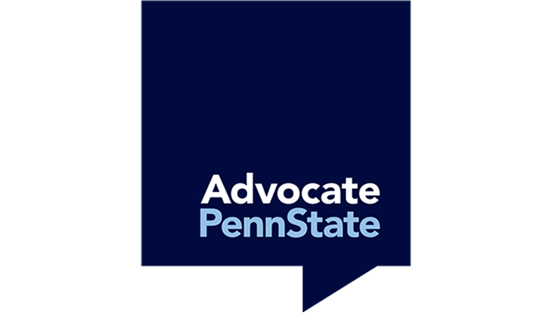 A navy blue icon with the words Advocate Penn State