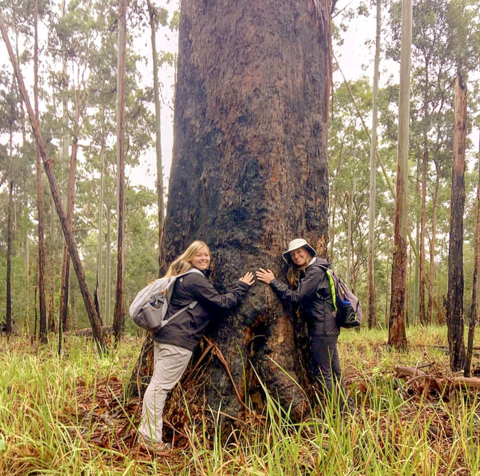 CHANCE participants Alexis Bowser & Kylee Clark with a giant tree in the rainforest.