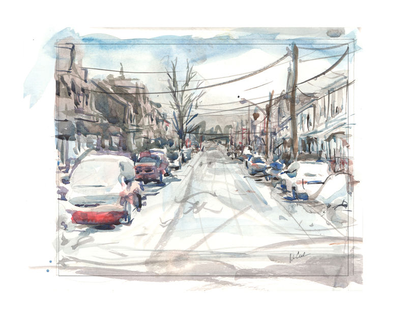 Drawing of a snowy street in a city