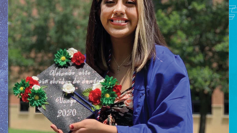 Carina Garcia in cap and gown, with logo