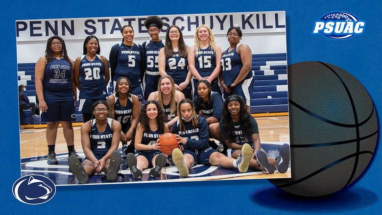 A graphic with PSUAC logo and image of the women's basketball team/