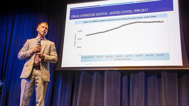 Dr. Glenn Sterner delivers a presentation examining the opioid conference since the late 1990s and early 2000s.