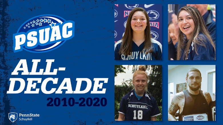 PSUAC All-Decade logo and text with headshot of each of four student-athletes