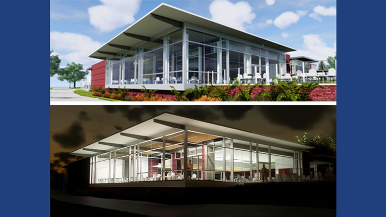 Penn State Schuylkill's dining center renderings shown both during the day and at night.