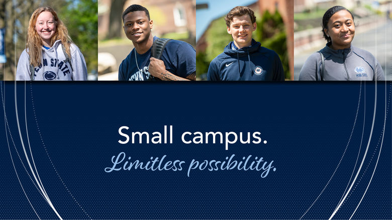 Graphic with photo of woman with long, curly hair in Penn State gear; man with backpack over his shoulder wearing Penn State gear; man smiling wearing Penn State gear; and woman smiling wearing Penn State gear with text reading "Small Campus. Limitless Possibility."