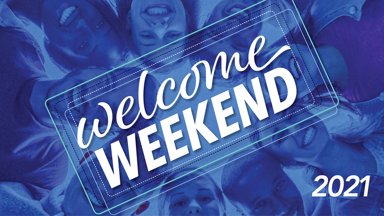 Welcome Weekend logo superimposed over a group of laughing students 
