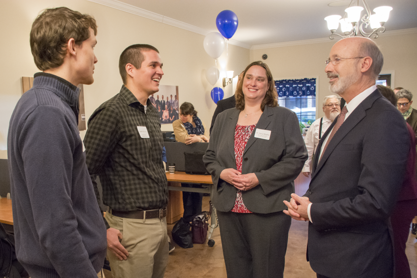 Governor Tom Wolf speaks with Invent Penn State seed money beneficiaries