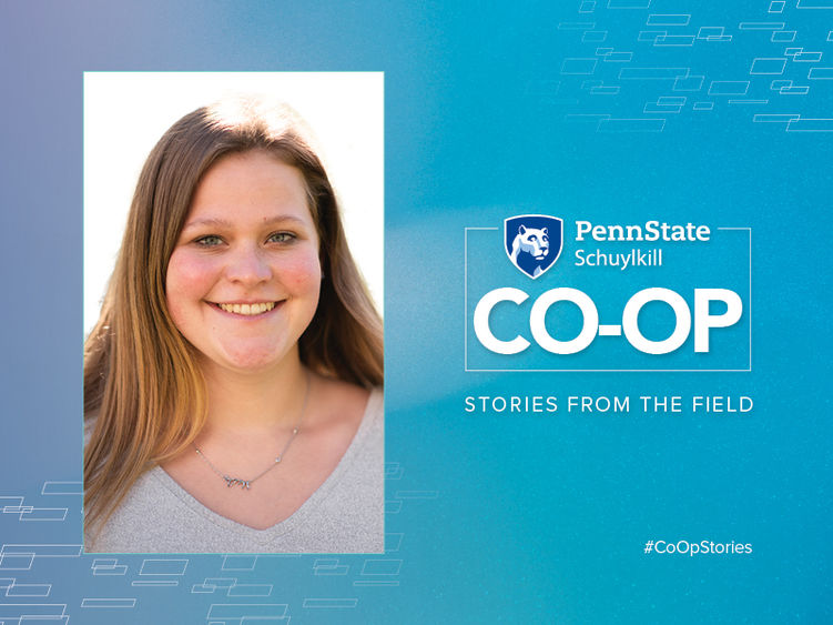 A female student's photo is placed on a blue field with text that says "Penn State Schuylkill Co-Op"