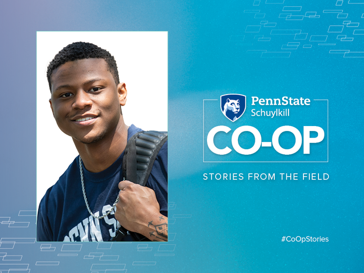 Graphic with head shot of Quon Banks, Penn State Schuylkill Co-Op logo, and text reading "Stories from the field," and "#Co-OpStories"