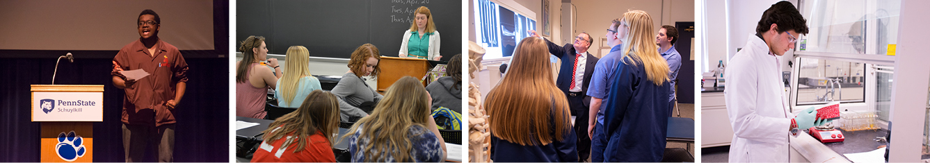 A student reads a piece for a creative writing class in the Morgan Auditorium; Dr. Valerie Schrader teaches an English class; a group of students crowd around their Radiologic Sciences instructor to look at an x-ray; and a student wearing a lab coat and safety goggles looks at a beaker while tracking data in a red notebook in Schuylkill's chemistry lab