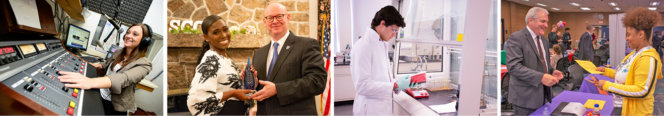 A student works a sound mixing board at a radio station; a student accepts an award from the Schuylkill Chancellor; a student reviews his notes while working in a lab and wearing a lab coat; another student shakes the hand of a local employer
