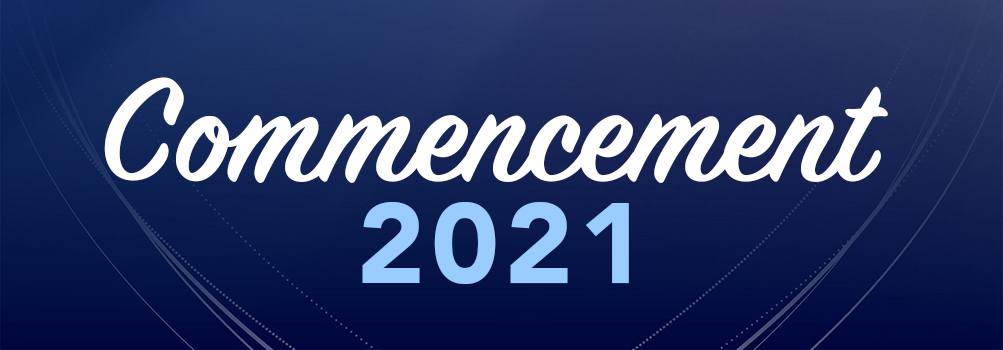 Penn State blue background field with white script "commencement" and blue type "2021"