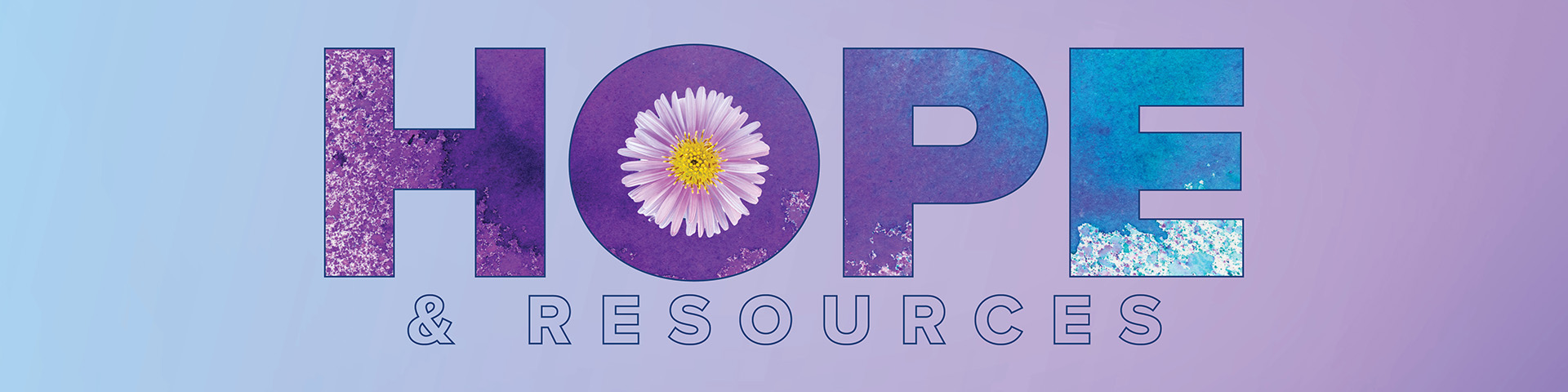 The word "HOPE" on a purple background with a purple daisy