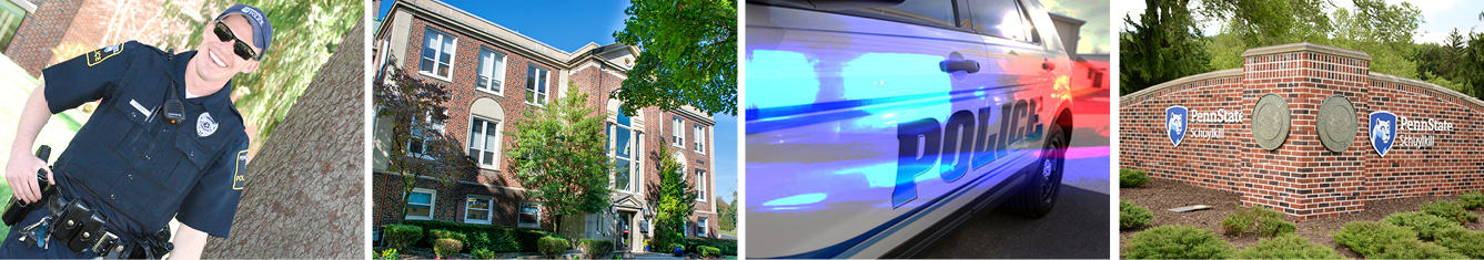 Campus police officer; Administration Building; campus police cruiser; Schuylkill campus entrance