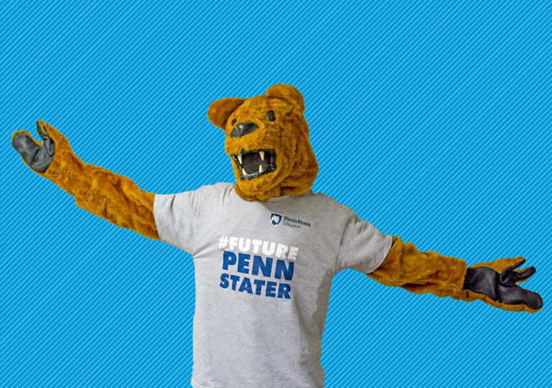 Blue background with white stripes on a 45º angle with image of Nittany Lion mascot wearing #FuturePennStater t-shirt and opening arms wide