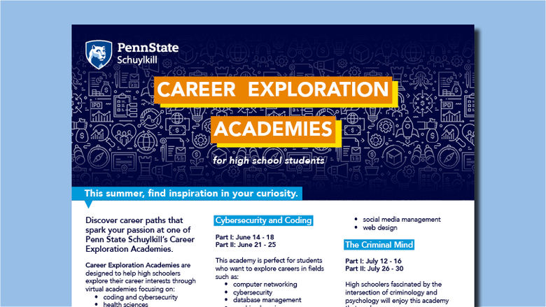 Blue background with thumbnail image of Career Exploration Academies flier