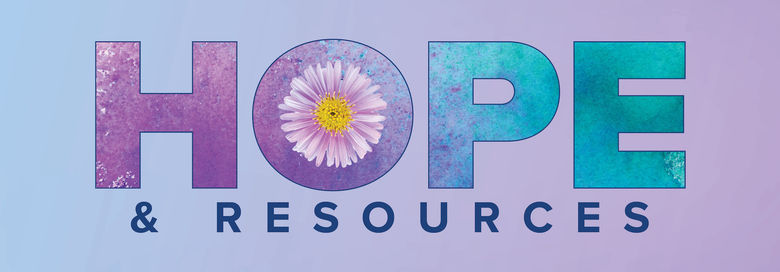 "Hope & Resources" text on purple background