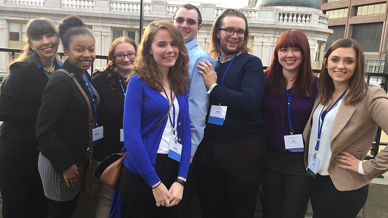 Several Penn State Schuylkill students pose in Boston, MA at the  Eastern Communication Association’s James C. McCroskey and Virginia P. Richmond Undergraduate Scholars Conference (ECA-USC).
