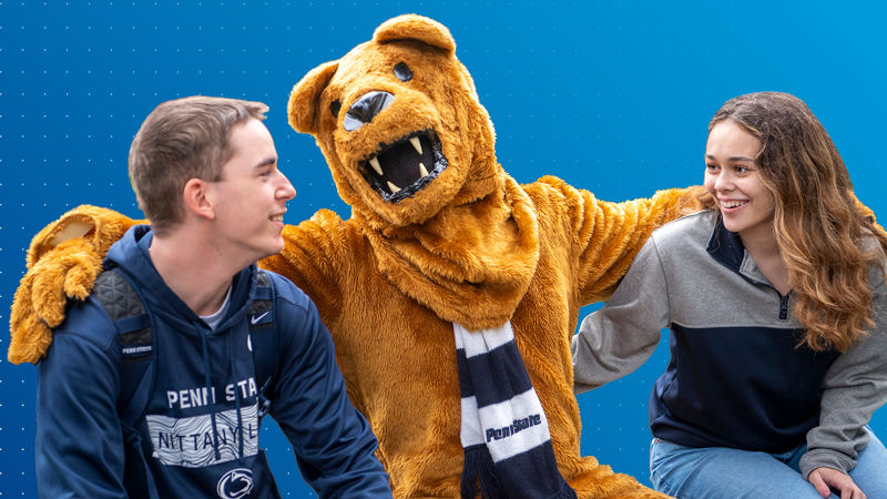Blue gradient background with dots, male student on left, Nittany Lion mascot center, and female student right
