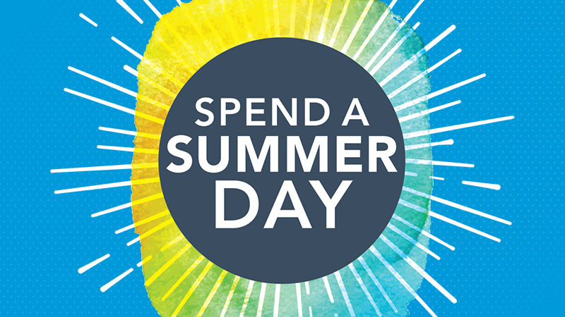 Blue background with thumbprint-shaped yellow, green, and blue watercolor mark that reads "SPEND A SUMMER DAY"