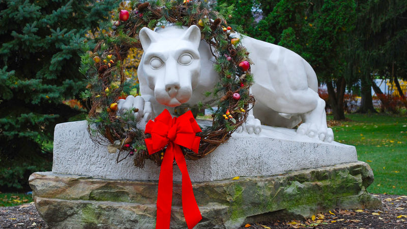 Schuylkill's lion shrine dons a festive holiday wreath.