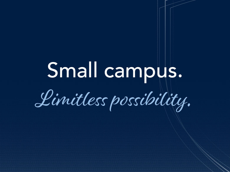 Navy blue graphic with Penn State shield outline and white dots and text reading "Small campus. Limitless possibility."