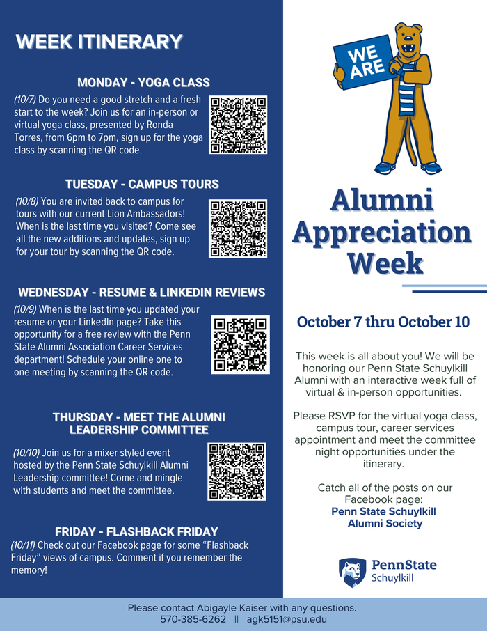 info sheet about alumni appreciation week, image of lion