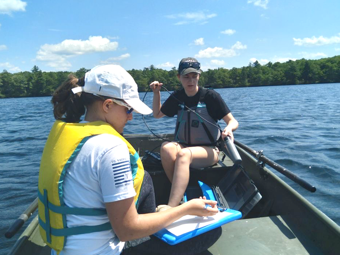 Student researchers in a boat on a lake
