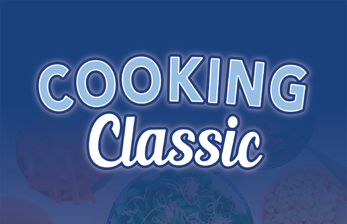 Cooking Classic logotype against blue background.