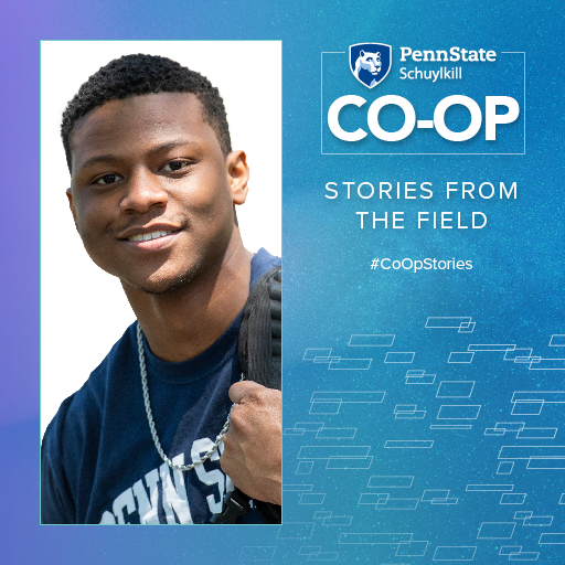 Square graphic with cutout of Quon Banks and Penn State Schuylkill Co-Op logo with text reading, "Stories from the Field," and "#CoOpStories"