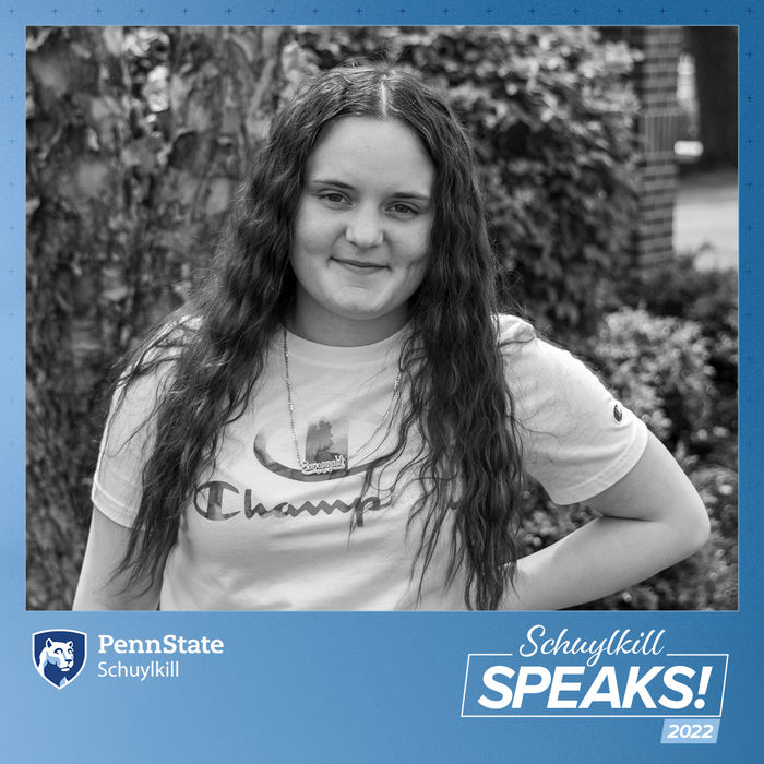 Blue background with Penn State Schuylkill and Schuylkill Speaks logos along with black and white photo of Savannah Berardino