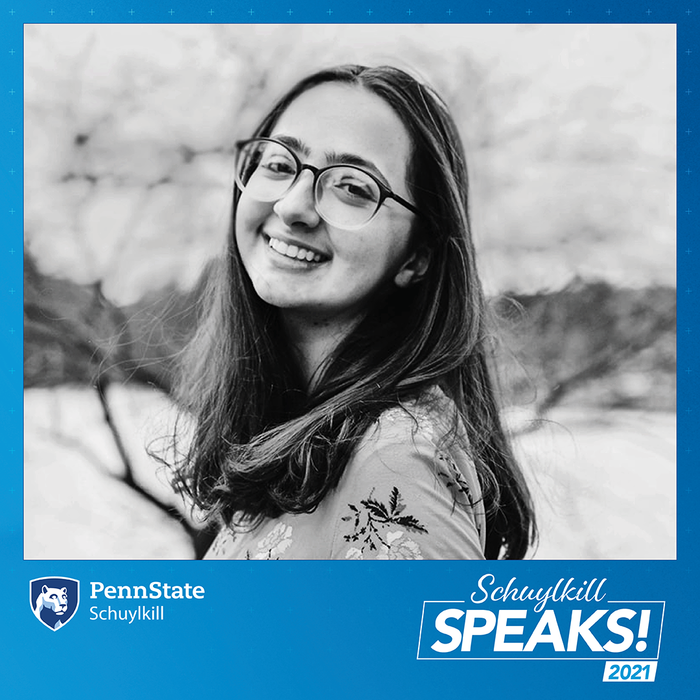 Schuylkill Speaks graphic with black and white photo of student, Bethany Haag
