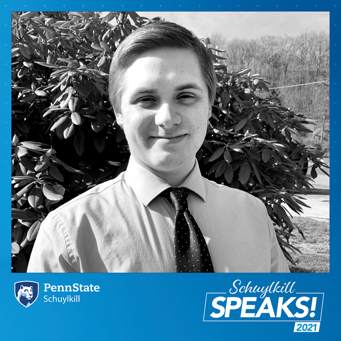 Schuylkill Speaks! graphic with black and white image of student, Evan Sukeena.