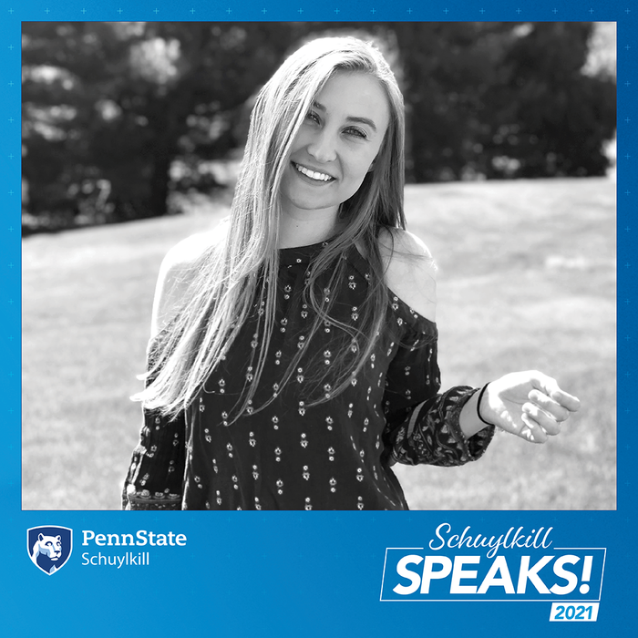 Black and white photo of Julia Hahn on blue background with Penn State Schuylkill logo and text that reads "Schuylkill Speaks! 2021"