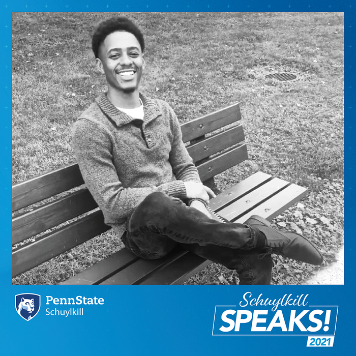 Schuylkill Speaks graphic with black and white photo of student, Malique Hughes