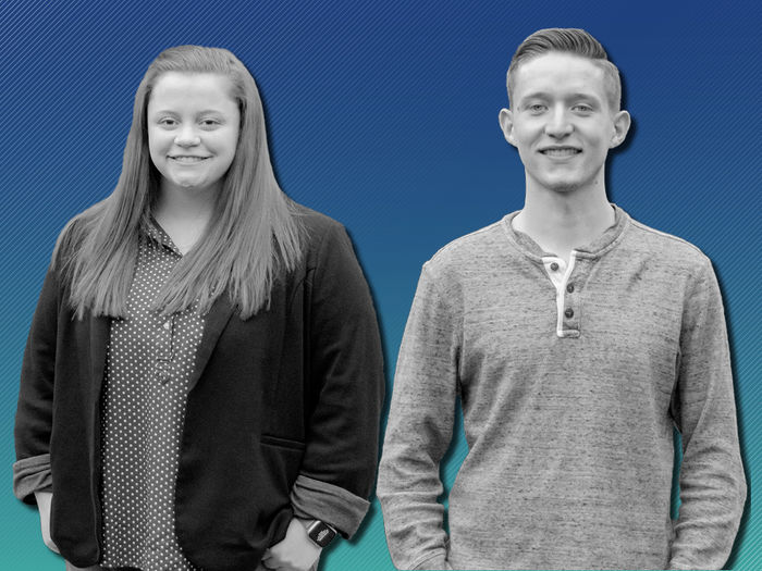 Graphic with dark blue into light blue gradient with lines and black and white cutouts of one students Sophia Bates and Michael Russell