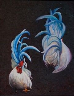 Painted picture of roosters with blue tails