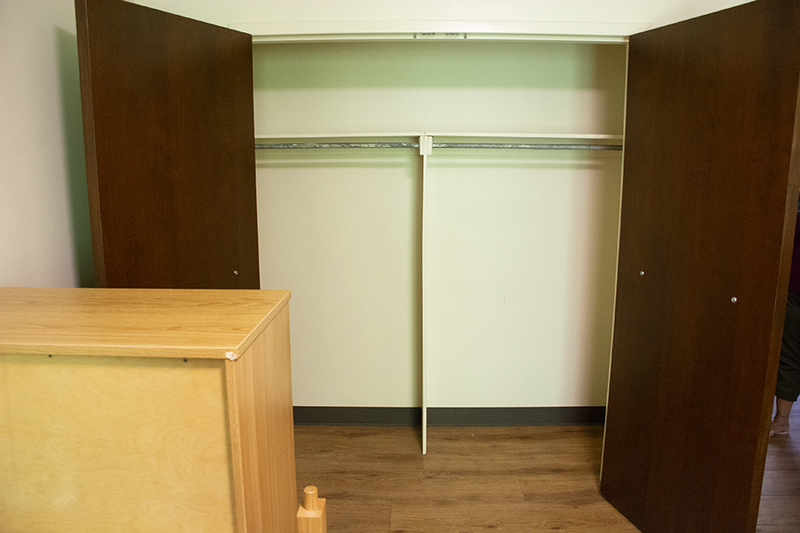 A double-door walk-in closet in the Nittany I Apartments