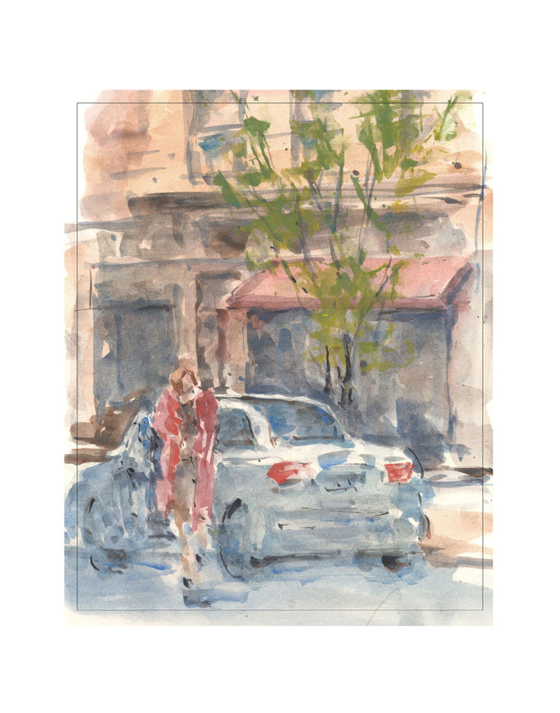 Drawing of woman on street in town 