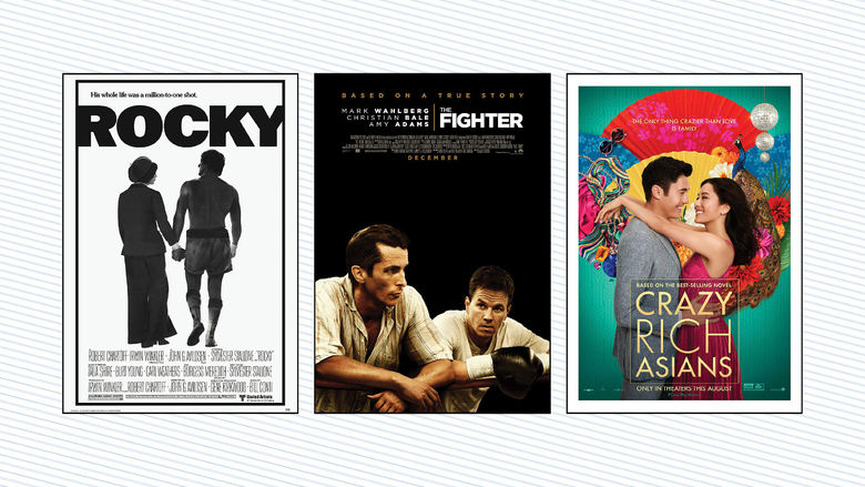 Movie posters for Rocky, The Fighter and Crazy Rich Asians