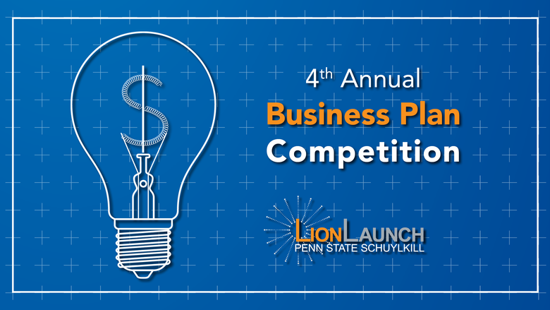 Blueprint background with a lightbulb schematic drawn on it with the text "Business Plan Competition" flanked to the right