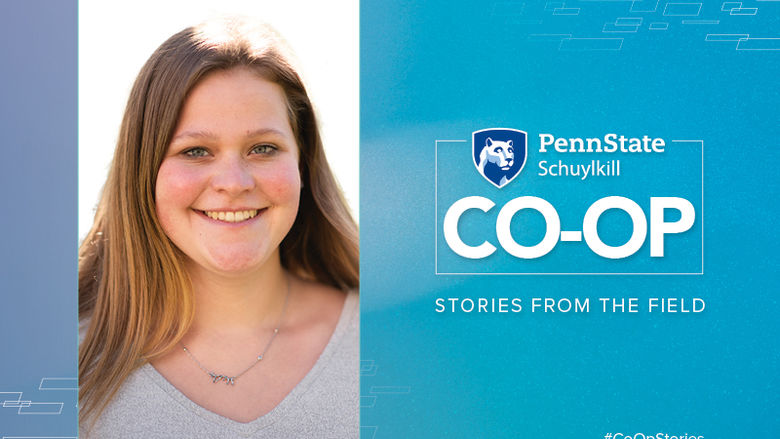 A female student's photo is placed on a blue field with text that says "Penn State Schuylkill Co-Op"