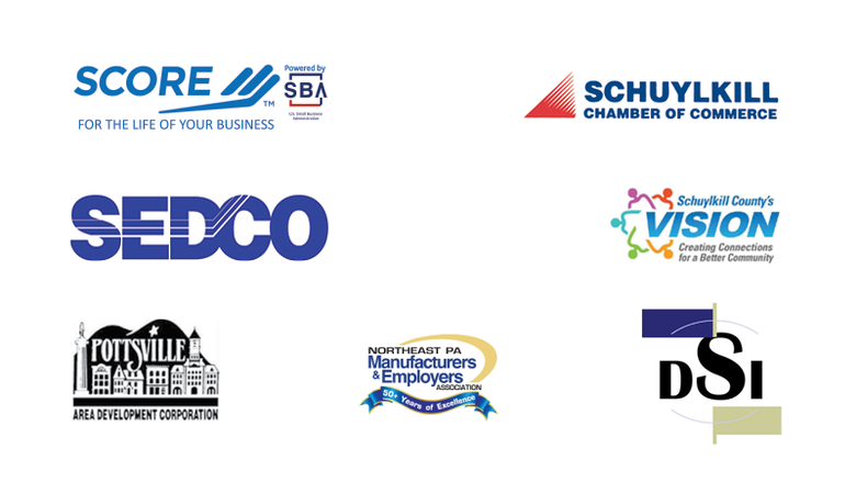 Berks-Schuylkill SCORE logo, SEDCO logo, PADCO logo, Schuylkill Chamber of Commerce logo, Schuylkill County's VISION logo, Downtown Shenandoah Inc Logo, Northeast PA Manufactuerers Logo
