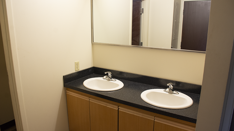Two sinks and a large mirror outside of the bathroom for the Nittany I Apartments