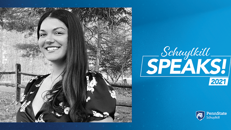 Black and white photo of Kiana Rivera on a blue background with text that reads "Schuylkill Speaks!" with Penn State Schuylkill logo