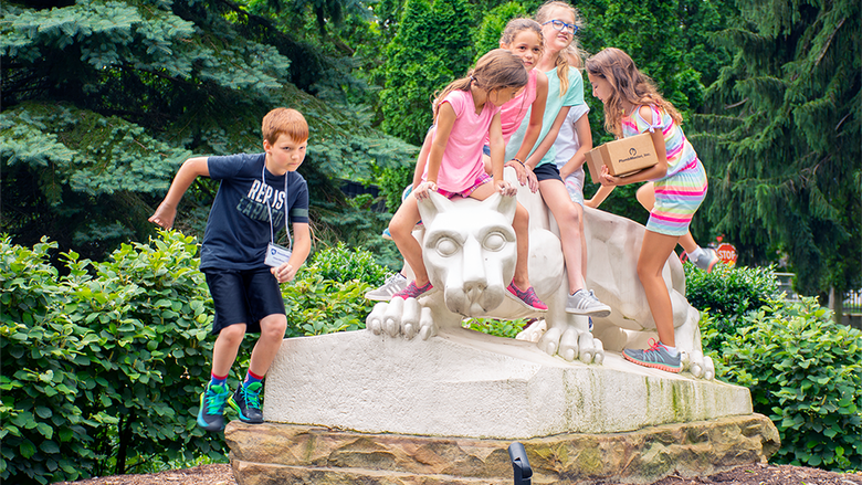 Kid's College participants visit the Penn State Schuylkill Lion Shrine.
