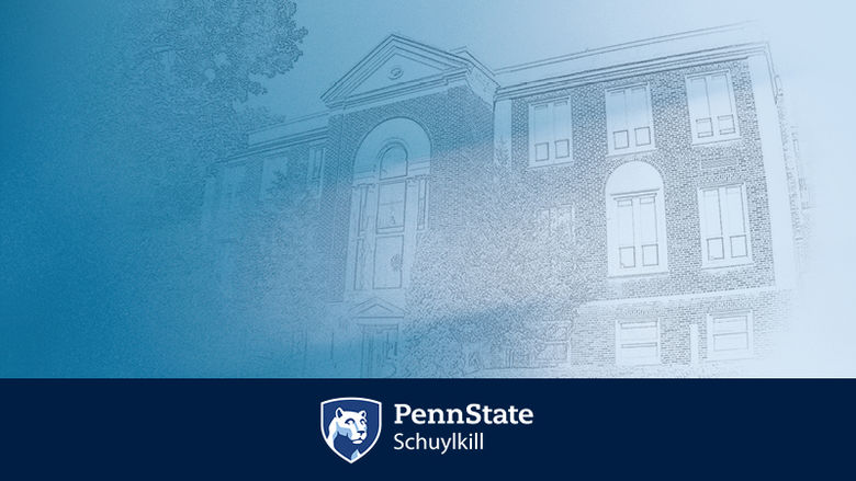 A sketch illustration of Penn State Schuylkill's Administration Building with the campus logo alongside it